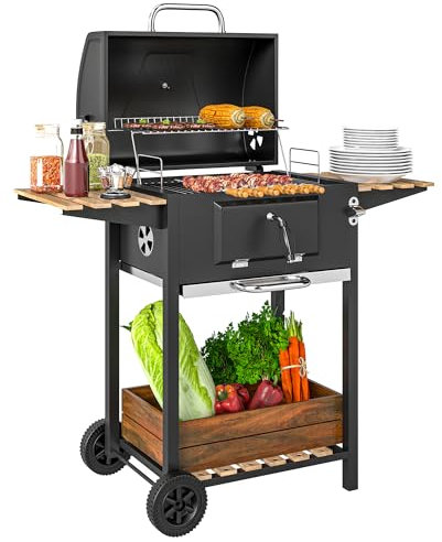 Outsunny Kolgrill, höjdjusterbar, grillvagn, bärbar rökhusgrill med galler, lock, termometer, hyllor, hjul och flasköppnare, för camping picknick, svart