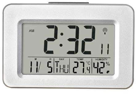 HZDHCLH Funkwecker Digitaler Wecker LCD Display Schlummerfunktion | Nachttisch Tischuhr mit Licht 12/24 Datum Temperaturanzeige Luftfeuchtigkeit(Silberfarbe)