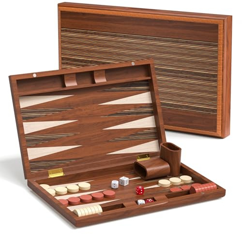 Backgammon Set, Wooden Folding Travel Backgammon Sets 2 players Classic Board Games15 Inch Premium Portable Gift with Playing Pieces & Wooden Dice Cups for Adults and Kids