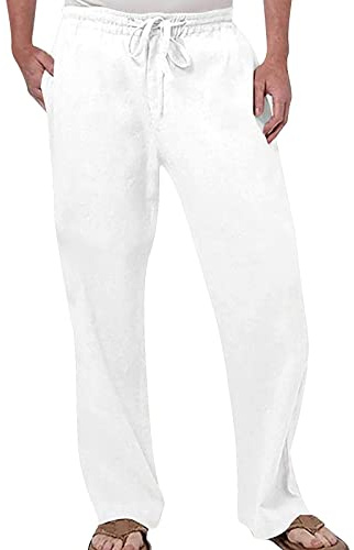Generisch 2025 - Mode Homme Décontractée Couleur Unie Respirant Coton Lin avec Taille Élastique Grand Pantalon en Lin Homme Noir, Blanc., 5XL