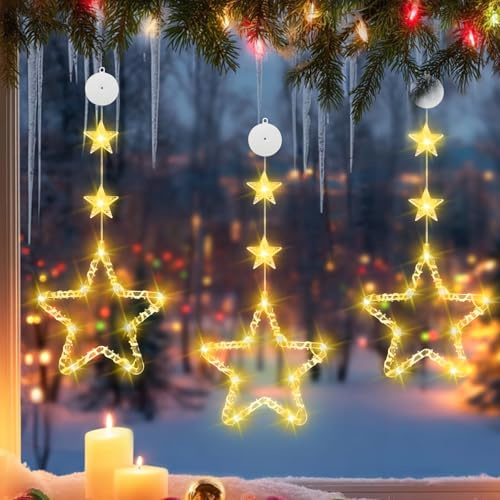 3 Stück LED Sterne Weihnachtsbeleuchtung, Fensterbeleuchtung Weihnachtsdeko, 8 Modi Warmweiß Weihnachtsstern mit Saugnäpfe & Timer Lichterkette, Weihnachtsstern Innen für Weihnachten,Fest,Party