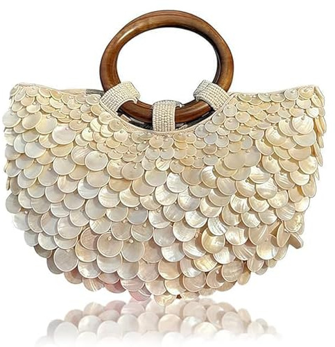 Allayu Muschelhandtasche Must Have Muscheln sind und handgefertigt. Taschen und für handgefertigte gewebte Muscheln sind weiß und Abendessen, Hochzeiten