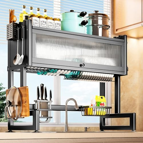 YITAYMLI 2-Tier Over The Sink Dish Drying Rack with Cover,Kitchen Countertop Organizer Rack Dustproof,Large Multiple Storage Metal Counter Shelf,Space-Saving,for Plates,Bowls(Black,105cm/41.3in)