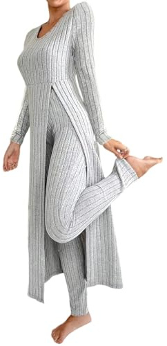 shownicer Femme Ensembles Pantalon 2 Pieces Décontractée Loungewear Manches Longues Tricoté Top et Leggings Ensemble Casual Outfit Set Jogging Tenue De Sport Automne Hiver A Gris XS
