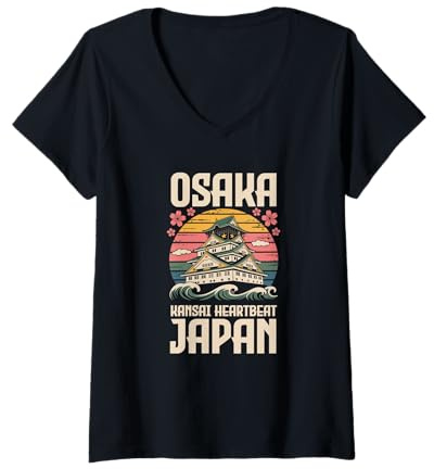 Mujer Osaka Castle Kansai Heartbeat Japón Retro Travel Souvenir Camiseta Cuello V