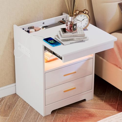 Saitedudu Bedside Table With Charging Station 2 AC+2 USB & Led Light,2 Drawers and 1 Hidden Compartment Bedside Cabinet 45x40x58cm