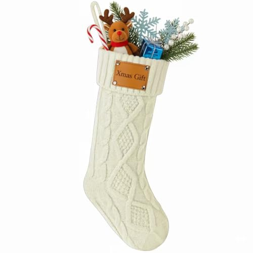 Personalized Christmas Stocking with Custom Laser-Engraved Leather Tag – Hand-Knit Wool Xmas Sock, Monogram Name Holiday Decoration, Stockings for Fireplace Mantel White