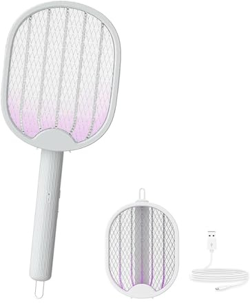 Electric Fly Swatter Racket 2 in 1,Mosquito Killer with Purple Attractant Light, Rechargeable,Foldable, Indoor Home Backyard Patio Camping(White)