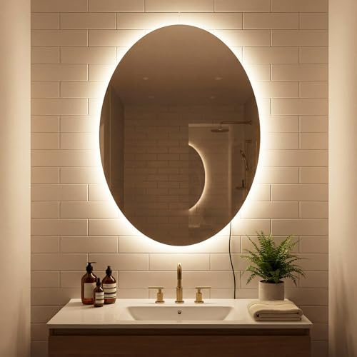 COSTWAY Specchio da Bagno Ovale 70 x 50 cm, Specchio Retroilluminato Bagno con Luce, Antiappannamento, 3 Colori di Luce Dimmerabili, Funzione Memoria e Vetro Temperato Infrangibile per Ingresso, IP44
