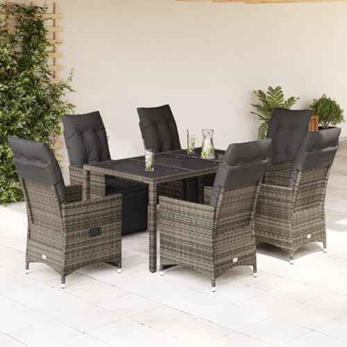 RMIHSJG Ensemble bistro de jardin 7 pièces avec coussins gris en polyrotin, dossier réglable, housses amovibles, plateau de table en verre trempé, meubles de jardin résistants aux intempéries pour