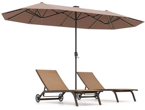 COSTWAY 3.8m/4.5m Double-Sided Parasol, 12 Heavy-Duty Ribs Extra Large Sun Umbrella with 108/48 LED Lights & Crank Handle, Outdoor Twin Market Sunshade Shelter Canopy (Brown, 380 x 200 x 222cm)