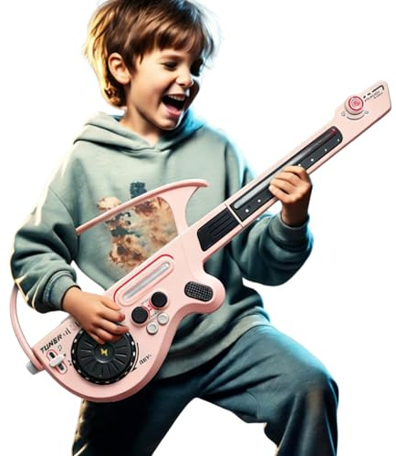 UPALDHOU Chitarra Elettrica, Chitarre Senza Corde con Luci LED per Giradischi DJ per Bambini Dai 3 Anni in su (PINK)