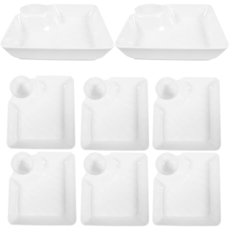 GATHINESS Juego de 8 Platos Cuadrados Reutilizables de Pp para Servir Patatas Fritas y Salsas con Soporte para Dip, Bandeja Dividida de Color Claro para Aperitivos, Sushi y Dumplings