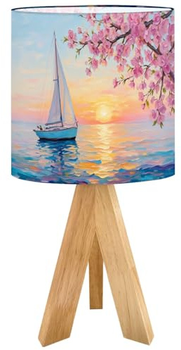 Tripod Bedside Table Lamp for Bedroom Sailboat Calm Sea Sunset Pink Cherry Blossoms Colorful Sky Reflection Nightstand Lamps Desk Lamp with Linen Fabric Shade for Nursery Room Living Room Kids Room