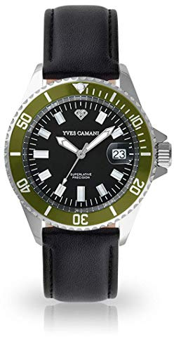 Yves Camani ANWEN Damen Armbanduhr Quarz Analog schwarzes Zifferblatt grüne Lünette Leder Mesh Edelstahl (Leder - Schwarz)