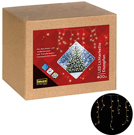 Idena LED Lichter-Kette Eiszapfen mit 400 LED in Warmweiß, mit 8 Stunden Timer Funktion und Transformator, ca. 10,27 m lang, Dekoration von Garten, Balkon, Terrasse und zu Weihnachten