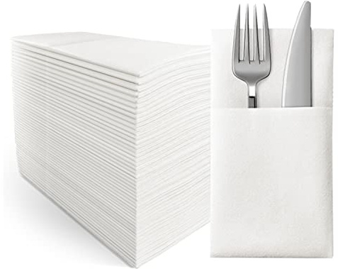 Jinyudome Leinen-Textur Servietten mit Bestecktasche - 40x40 cm Airlaid Einwegtableware (50 Stück) - Vorgefaltet & Rissfest für Hochzeiten, Veranstaltungen & Events