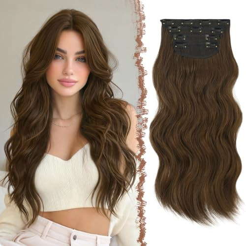 FESHFEN Clip in Extensions, 4PCS 50 cm Voller Kopf Haarverlängerungen mit Clips Synthetik Gewellte Haarextension Kastanie Braun Wavy Wellig Haar Extensions Clip in Haarteil für Frauen, 180g
