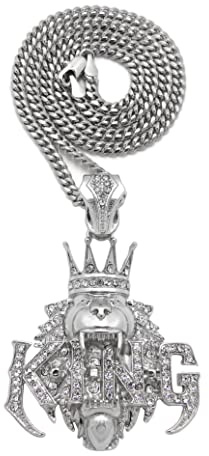 Iced Out King Crown Lion Pendant Box/Cuban/Rope Chain Hhip Hop Fashion Necklace XZ431 (24 Cuban Chain, Silver)