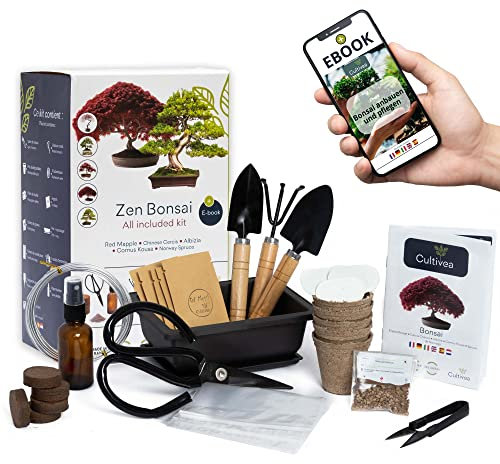 CULTIVEA Bonsai-Set Premium Pflanzfertig - Gärtnern und Dekorieren - Natürliche Bonsai- und Pflanzenpflege - Draht, Dünger, Werkzeuge, Rundschere, Kleine Bonsaischere - Originelle Geschenkidee
