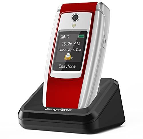 Easyfone T300 4G SIM-Free Flip Mobile Phone for Seniors, 2.4'' HD Display, Big Buttons, Clear Sound, SOS Button, 1500mAh Battery with a Charging Dock (Red)