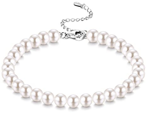 JeweBella Bracelet Perles Femme en Argent Sterling 925 Bracelet Femme de Blanc Perles Large 4mm/6mm/8mm/10mm Longueur 18cm+6cm avec Boîte Cadeau Maman Femme Fille Soeur Copine