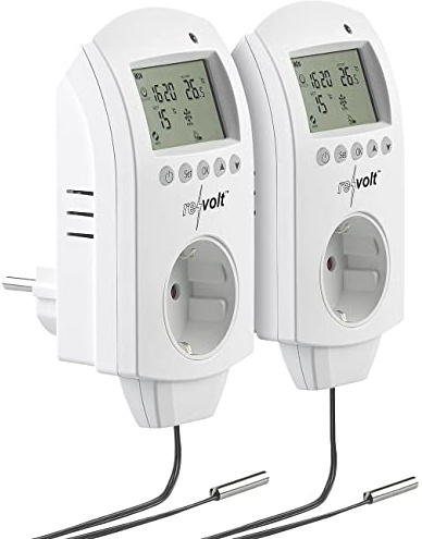 revolt Thermoschalter: 2er-Set digitale Steckdosen-Thermostate für Klimageräte, Sensor, 3680W (Steckdosenthermostat Frostwächter, Steckdosen-Thermostat mit Fühler, Steckdose Schalter)