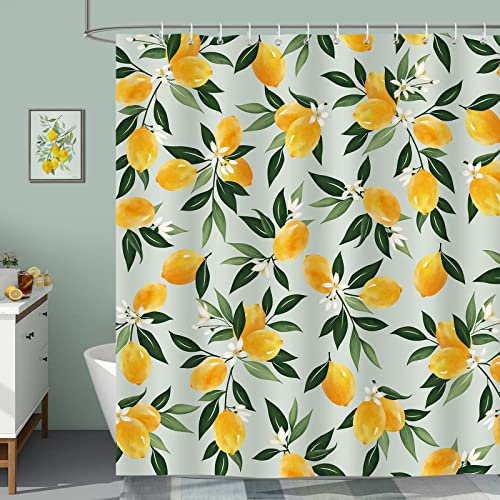 Bonhause Duschdraperi citron frukt gröna blad 180 x 180 cm baddraperi mögelbeständigt polyestertyg vattentäta tvättbara badrumsgardiner med 12 krokar för badkar