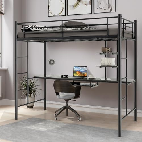 LIFEZEAL Hochbett 200 x 95 cm, Bettgestell mit Schreibtisch, Metallbett mit Rausfallschutz & 2 Leitern, Etagenbett für Erwachsene und Kinder