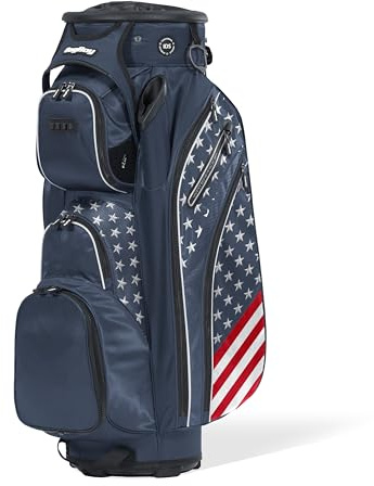 Bag Boy Revolver XP Golf Cart Bag, 14 Way 360⁰ Rotating Top with Full Length Individual Dividers, External Putter Tube, 9 Pockets, Navy/USA