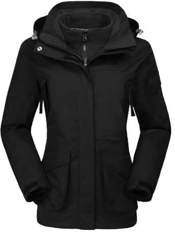 OutPro Damen 3-in-1-Skijacke wasserdicht winddicht Winterjacke Outdoor Wandern mit Fleece gefüttert doppellagige abnehmbare Kapuzen-Funktionsjacke,Schwarz,L