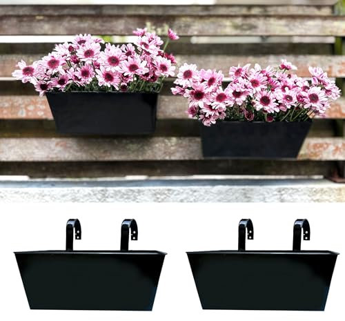 LaLaGreen - Macetero para exteriores (paquete de 2, 12 pulgadas), macetas rectangulares de metal negro para colgar, barandilla de balcón, barandilla de cocina, fresas, ventanas, macetas de pared para