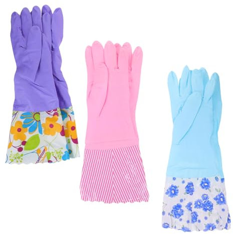 3 Pairs of Thick Waterproof Kitchen Gloves for Dishwashing and Cleaning Fleece Lined Latex Reusable Gloves Random Colors for Household Chores