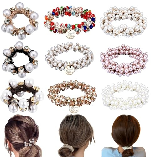 9 Stück Perle Haargummi, BetterJonny Perlen Haarseil Haargummis mit Perlen Elastische Pferdeschwanz Halter Stirnbänder Haarschmuck für Mädchen Frauen und Dame Kinder