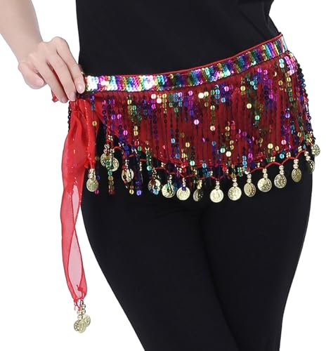 Bailinks paljettmagdans, höftduk, chiffong omlottkjol med mynt för magdans, yogaklasser och framträdanden – magdans, höftbälte för kvinnor, röd, 150 cm/59 Zoll