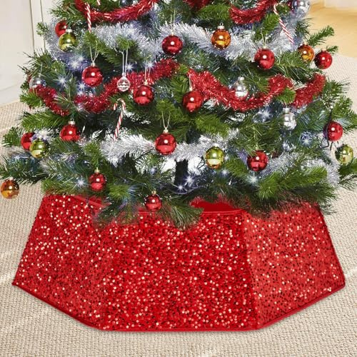 Weihnachtsbaum Kragen Rot Pailletten Weihnachtsbaum Rock Ø80 cm Zusammenklappbar Weihnachtsbaumständer Abdeckung für Christbaumständer Korb