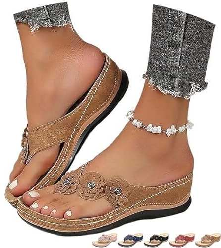 Sandalias ortopédicas para mujer, con soporte de arco y flores, con puntera de clip, cómodas, para caminar, sandalias suaves de plataforma baja