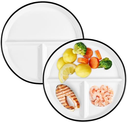 OMISTAR 2 Stück Portionskontrollteller, 23,6 cm, Keramik, unterteilt für Erwachsene, Porzellan-Diät, weiß, für ausgewogene Mahlzeiten, Diabetes und Gewichtsverlust