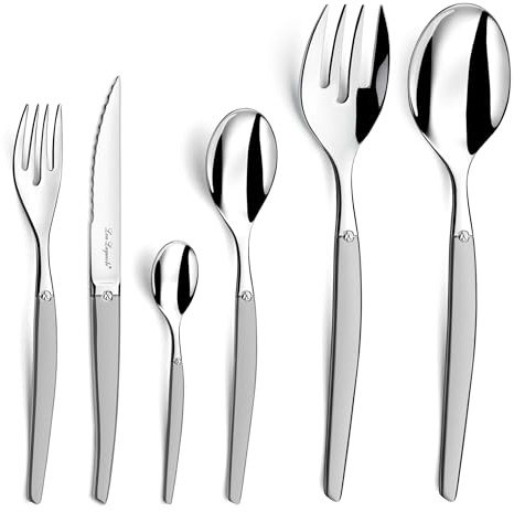 LOU LAGUIOLE Jet - Ménagère 50 couverts de table pour 12 personnes - Acier inoxydable 18/0, Fourchettes, Couteaux, Cuillères table et Cuillères à café - Finition Sablée - Couverts inox