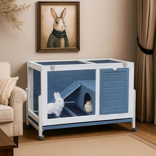 RUNSHED Zweistöckiger Kaninchenstall aus Holz für den Innenbereich, Kaninchenkäfig auf Rädern, Meerschweinchen, PET-Haus für kleine bis mittelgroße Tiere, wasserdicht, kein Auslaufen