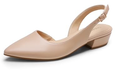 DREAM PAIRS Women‘s Slingback Flats Dress Shoes | 1.1 Low Block Heels, Pointed Toe, Adjustable Buckle Slingback, Non-Slip Outsole