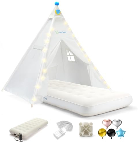 Heypappy Tipi Zelt für Kinder,Waschbares Tippi Kinderzelt Indoor | inkl.Luftbett Lichterkette & Ballons - Spielzelt für Drinnen/Draußen als Spielhaus für Mädchen/Jungen (Weiß)