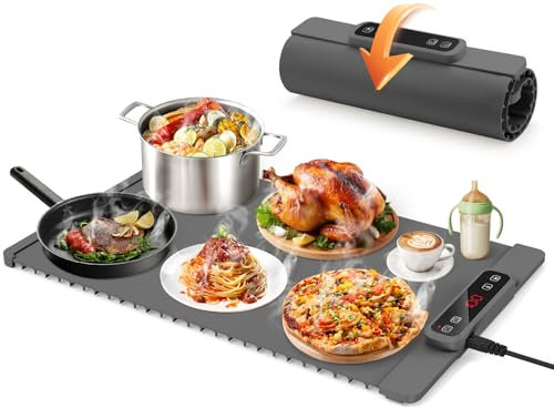 Warmhalteplatte Elektrisch, Speisenwärmer Mit 5 Einstellbarer Temperatur & 4 Stunden Timer, Faltbare Silikon Wärmeplatte essen Elektrisch buffetwärmer heizplatte für Warm Halten oder Auftauen-grau