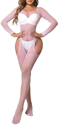 Mingnos Damen Ouvert Bodystocking Sexy Langarm Catsuit Body Fischnetz Bodysuit Netzbody Strumpfhosen Rose