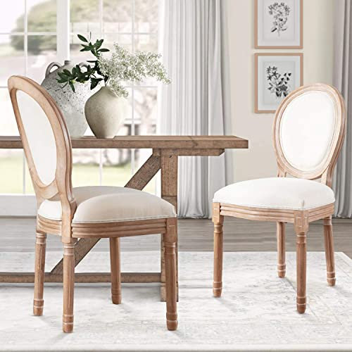 WWERTYY 6er-Set Esszimmerstühle im französischen Landhausstil mit runder Rückenlehne und Beinen aus Massivholz in Beige. Stilvolle und Bequeme Möbel für Wohnzimmer, Schlafzimmer und Esszim