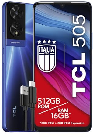 TCL 505 - Smartphone 4G Display 6.75 HD+ 90Hz, 512GB, 16GB RAM (8+8GB RAM expansion), 50Mp Hybrid camera, Android 14, Batteria 5010 mAh, Dual Sim, Ocean Blue, Cavo USB Type-C Aggiuntivo