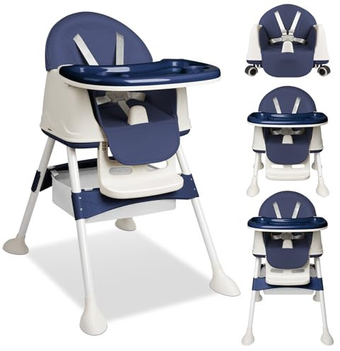 Baby Hochstuhl 4in1, Kinderhochstuhl Multifunktionaler Verstellbar, Babystuhl hochstühle mit Tablett Abnehmbares und Rollen, kinderstuhl Mitwachsender mit 5-Punkt-Gurt, Kinder Essstuhl Stuhl, Blau