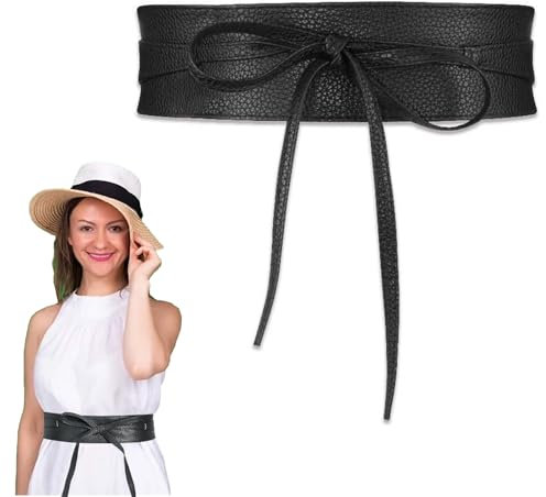 LUVDECO Damen Obi Gürtel, 210cm Schwarzer Obi Breiter Taillengürtel, Mode PU Leder Cinch Hüftgürtel Bindegürtel, Damen Bowknot Breiter Wickelgürtel für Kleid Hemden, Boho Kleidung Accessoires