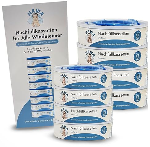 HAWA Windeleimer Nachfüllkassetten – Extra Dick, zitronenduftend, 280 Windelkapazität, kompatible Nachfüllkassette, Advance Windelbehälter, Windeleimer Nachfüllfolie (8er Packung)