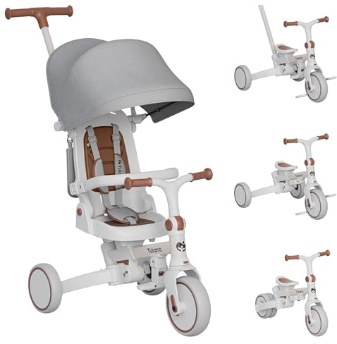 Tulano Noah 35 | 4in1 Kinder Dreirad Laufrad Rutschfahrzeug Buggy - ab 1 Jahr - Schiebestange klappbar - Eva-Räder - Rückenlehne verstellbar - kompakt faltbar - Kinderdreirad - Beige